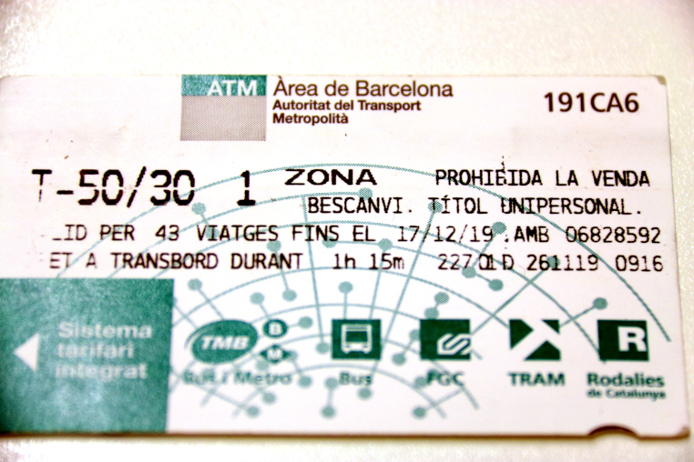 Image of T-50/30 public transport ticket, on December 4, 2019 (by Guifré Jordan)